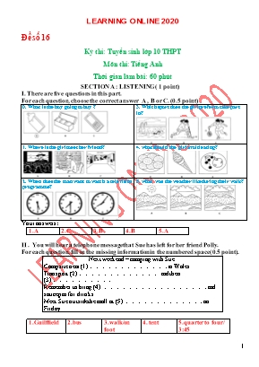 Đề thi tuyển sinh Lớp 10 THPT môn Tiếng Anh năm 2020 - Đề số 16